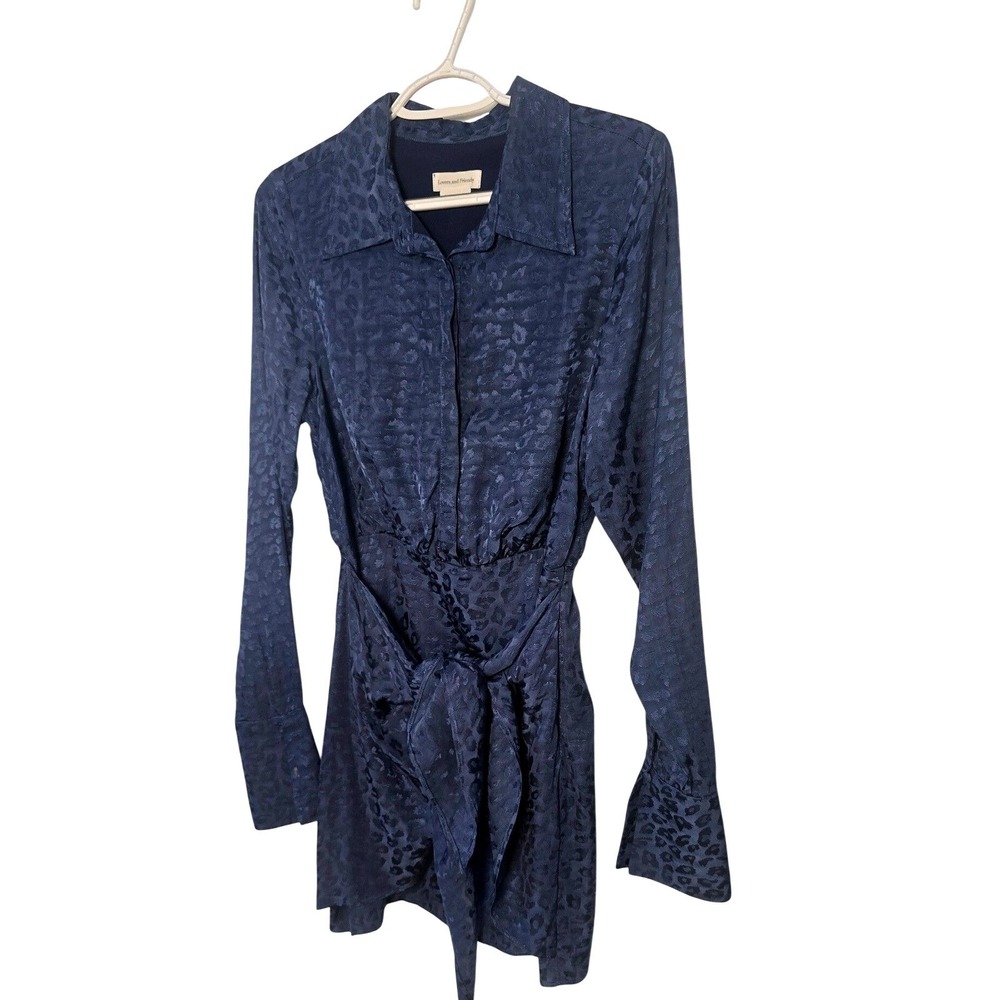 Lovers and Friends Navy Blue Leopard Jacquard Tie Waist Mini Shirtdress Small